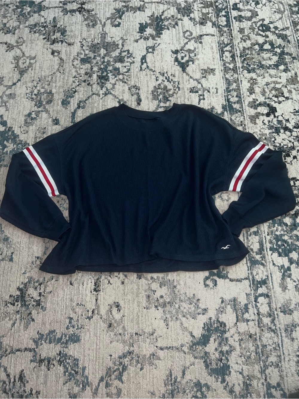 Hollister Navy Crewneck Sweater with Red & White Sleeve Stripes
